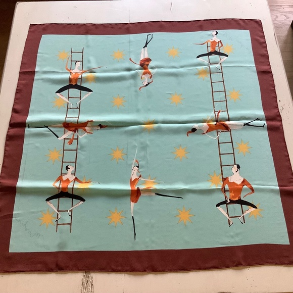 Vintage Moschino Ballet Dancers Acrobats Theme Silk Scarf 33” x 34” - Picture 1 of 6